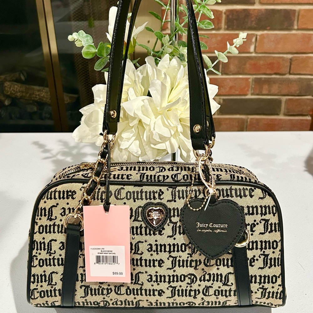 Juicy Couture Black Beige Signature Logo Starry Night Satchel - 12L x 5.5H x 4W